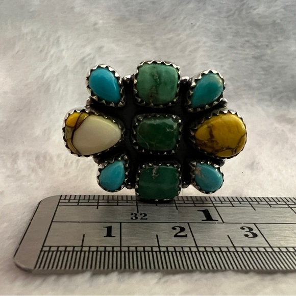 ❤️ Kingman Honey Dahlia Emerald Valley Turquoise Cluster 925 Navajo Ring Sz8 Adj - Picture 4 of 13